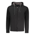 Black cotton men's hooded sweatshirt by Coveri Moving, featuring a casual fit and front pocket, displayed on a hanger.