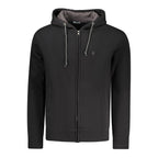Black cotton men's hooded sweatshirt by Coveri Moving, featuring a casual fit and front pocket, displayed on a hanger.