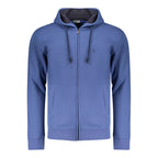 Coveri Moving blue cotton men's hoodie sweatshirt with a relaxed fit and hood, showcasing casual athletic style.