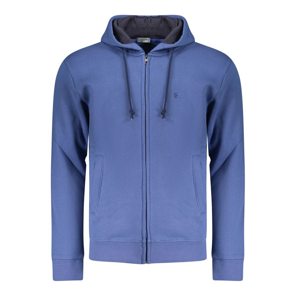 Coveri Moving blue cotton men's hoodie sweatshirt with a relaxed fit and hood, showcasing casual athletic style.