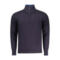 Coveri Moving blue viscose men's sweater with a relaxed fit and crew neckline, displayed on a hanger.