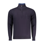 Coveri Moving blue viscose men's sweater with a relaxed fit and crew neckline, displayed on a hanger.