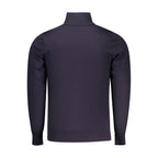 Coveri Moving blue viscose men's sweater with a relaxed fit and ribbed cuffs, displayed on a hanger.