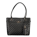 Guess Jeans black polyurethane women's handbag with sleek design and silver hardware, featuring a top handle and adjustable shoulder strap.