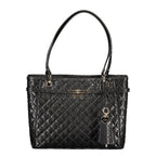 Guess Jeans black polyurethane women's handbag with sleek design and silver hardware, featuring a top handle and adjustable shoulder strap.