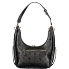 Black Guess Jeans women's handbag made of polyurethane with sleek design and silver hardware, featuring a top handle and adjustable strap.