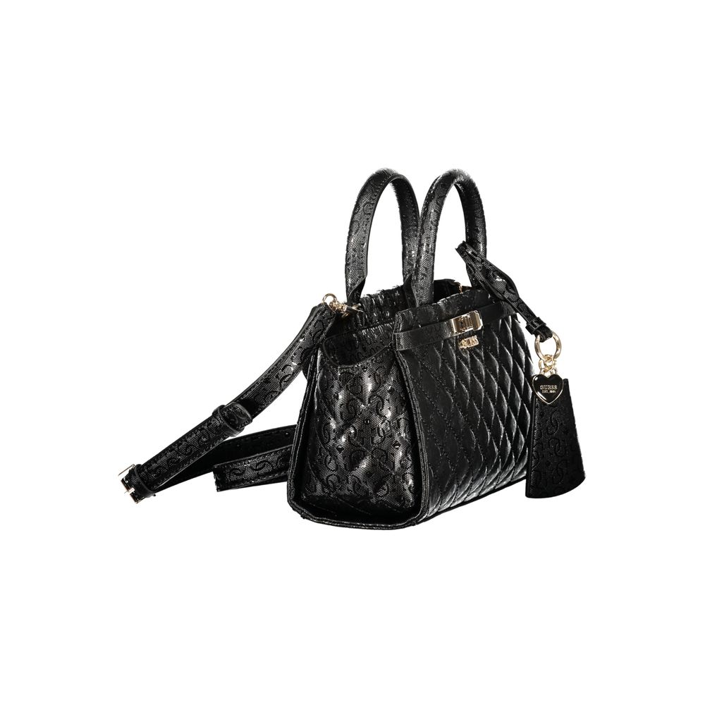 Black Guess Jeans polyurethane women's handbag with sleek design and gold-tone hardware, featuring top handles and a zip closure.
