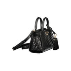 Black Guess Jeans polyurethane women's handbag with sleek design and gold-tone hardware, featuring top handles and a zip closure.