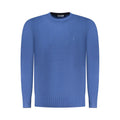 Coveri Moving blue viscose men's sweater displayed on a hanger with a ribbed neckline and cuffs.