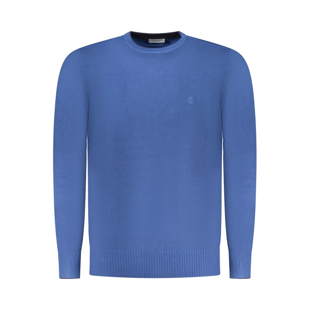 Coveri Moving blue viscose men's sweater displayed on a hanger with a ribbed neckline and cuffs.