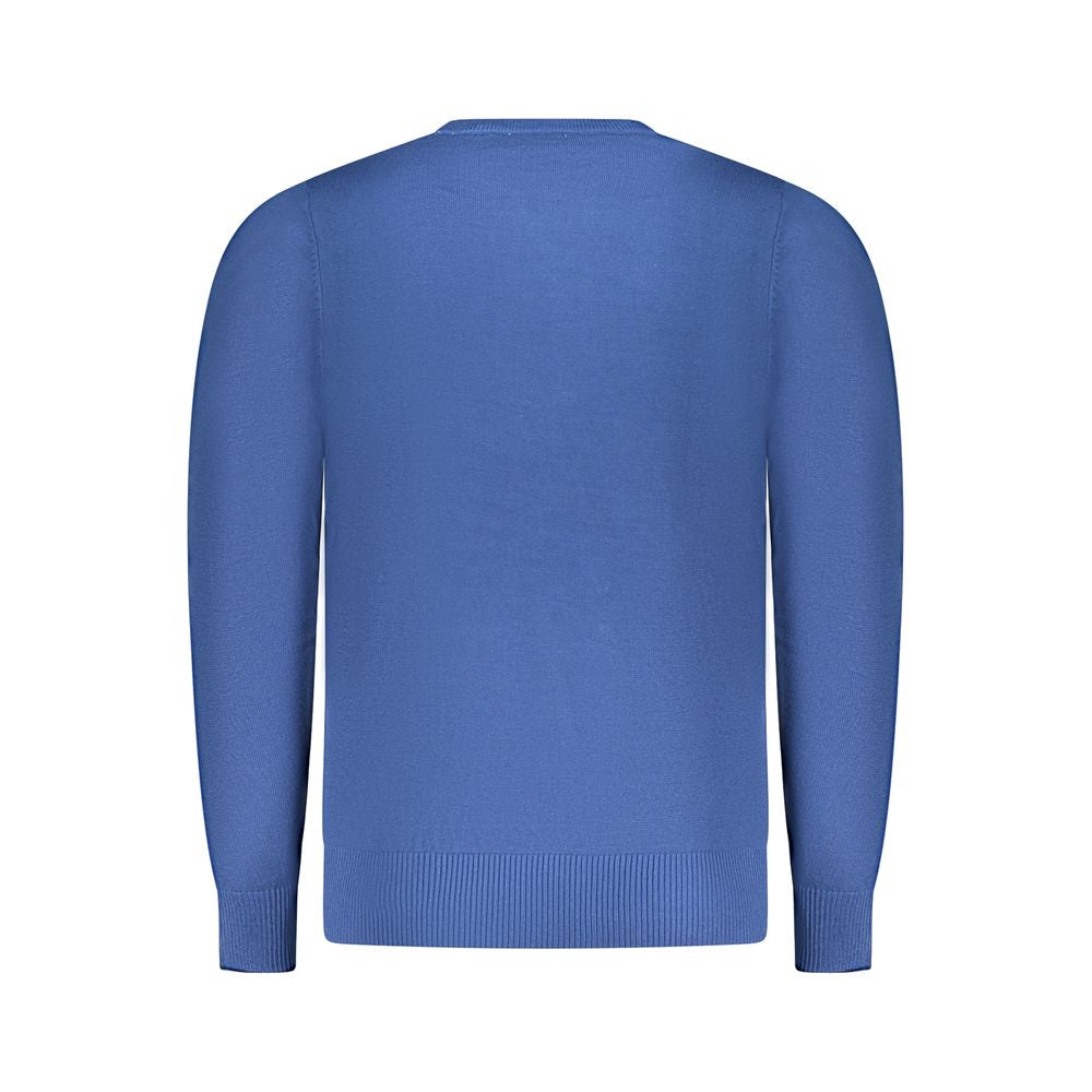 Coveri Moving blue viscose men's sweater with a relaxed fit and crew neckline, displayed on a mannequin.