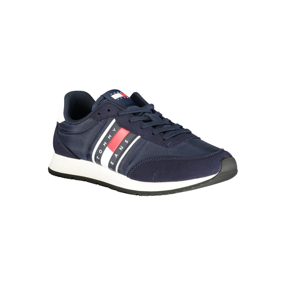 Tommy Hilfiger blue polyurethane men's sneaker with white sole and laces, casual athletic footwear, front view.