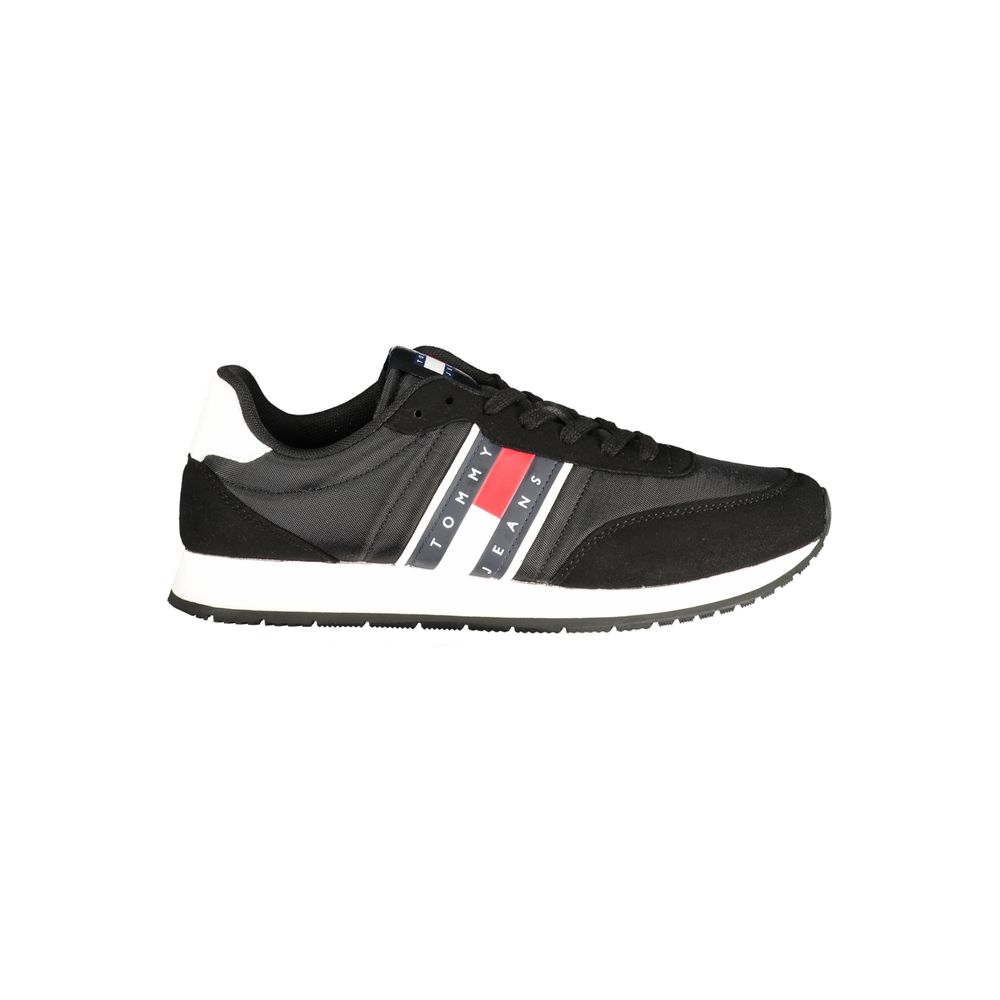 Tommy Hilfiger black polyurethane men's sneaker with white sole, stylish casual footwear with brand logo details.