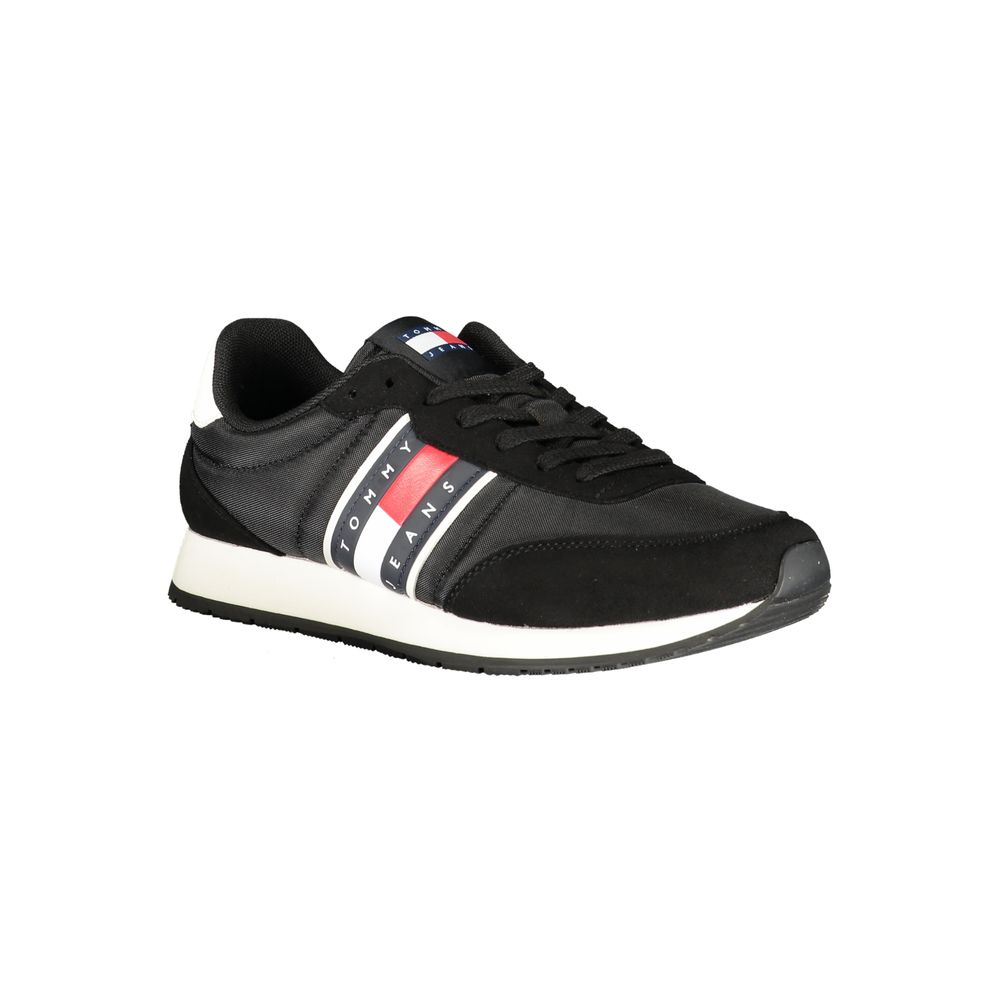 Tommy Hilfiger black polyurethane men's sneaker with sleek design and white outsole, casual athletic footwear.