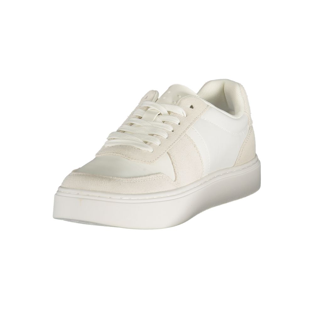 Calvin Klein Bianco polyester men's sneaker with white design and laces, casual athletic footwear, front view.
