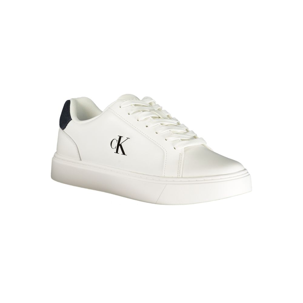 White Calvin Klein Bianco polyurethane men's sneaker with sleek design and minimal branding, shown from a side angle.
