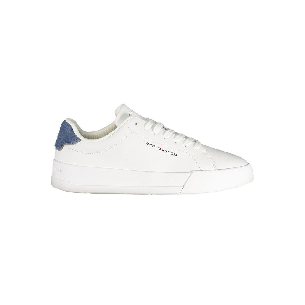 Tommy Hilfiger white polyurethane men's sneaker with sleek design and white rubber sole, casual footwear for everyday wear.