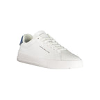 Tommy Hilfiger white polyurethane men's sneaker with sleek design and rubber sole, showcasing a stylish casual footwear option.