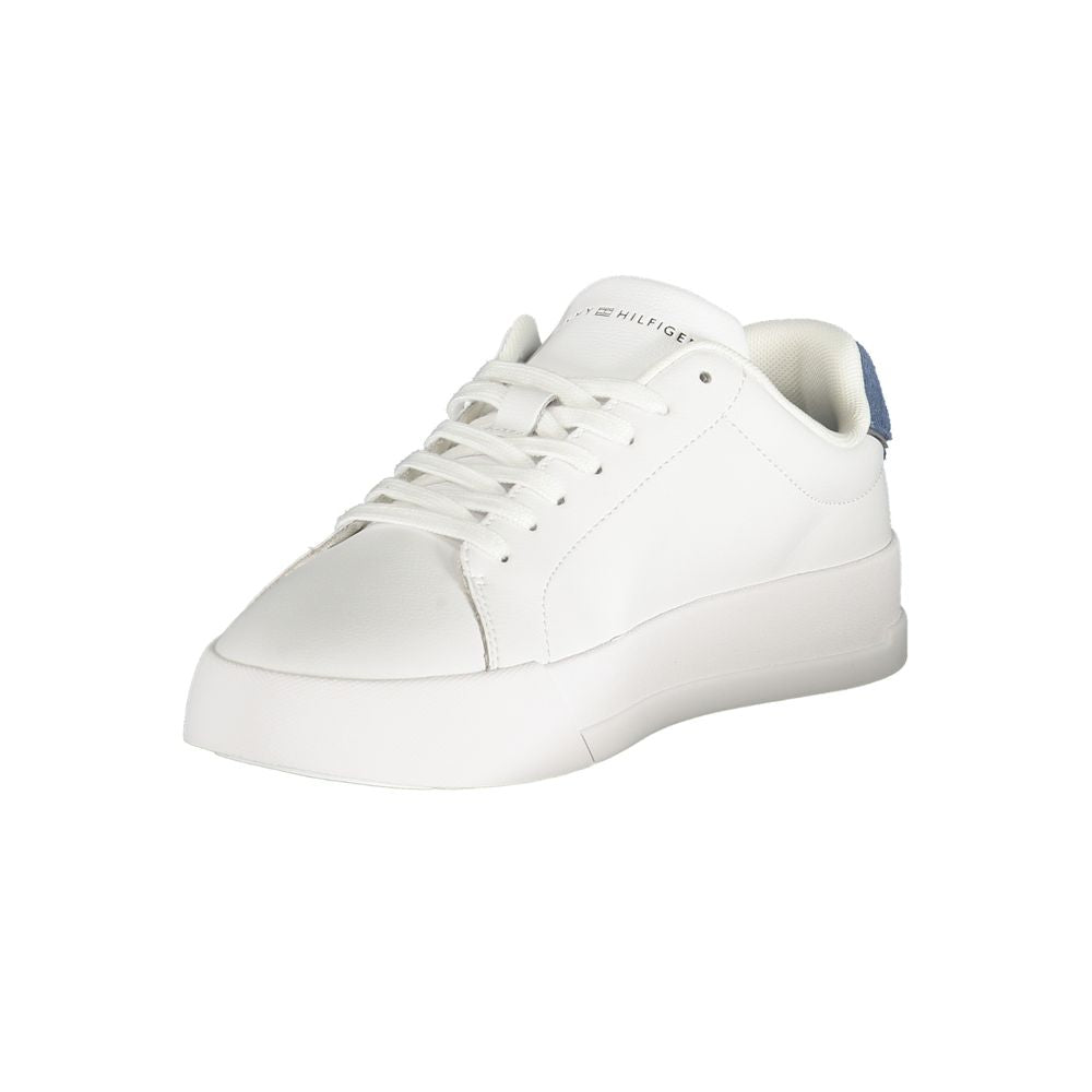 Tommy Hilfiger white polyurethane men's sneaker with laces and rubber sole, stylish casual footwear.