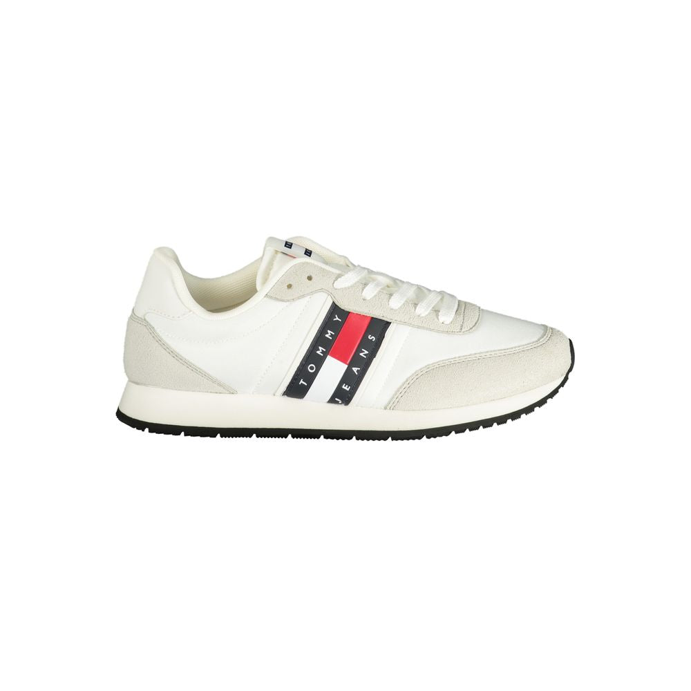 Tommy Hilfiger white polyurethane men's sneaker with sleek design and rubber sole, featuring brand logo detail.