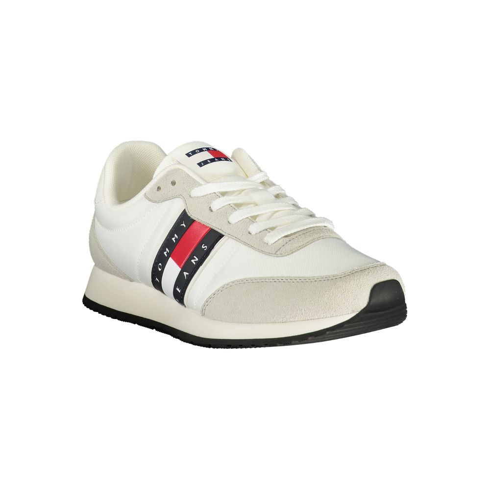 Tommy Hilfiger white polyurethane men's sneaker with laces and rubber sole, stylish casual footwear for men.
