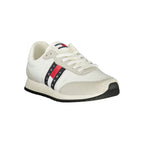 Tommy Hilfiger white polyurethane men's sneaker with laces and rubber sole, stylish casual footwear for men.