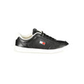 Black Tommy Hilfiger men's sneaker with polyurethane upper and white sole, showcasing a sleek casual footwear design.