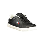 Tommy Hilfiger black polyurethane men's sneaker with sleek design and white sole, stylish casual footwear for men.