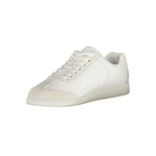 Calvin Klein white polyester men's sneaker with sleek design and comfortable fit, featuring laces and rubber sole.