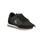 Calvin Klein black polyester men's sneaker with white sole and minimalist design, shown from side view.