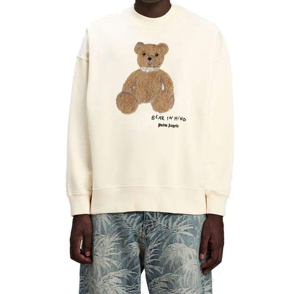 Palm Angels white cotton sweatshirt with crew neck and relaxed fit, displayed on a hanger.