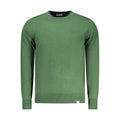 Rifle Verde men's polyester sweater in green, featuring a crew neck and ribbed cuffs, displayed on a hanger.