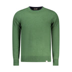 Rifle Verde men's polyester sweater in green, featuring a crew neck and ribbed cuffs, displayed on a hanger.