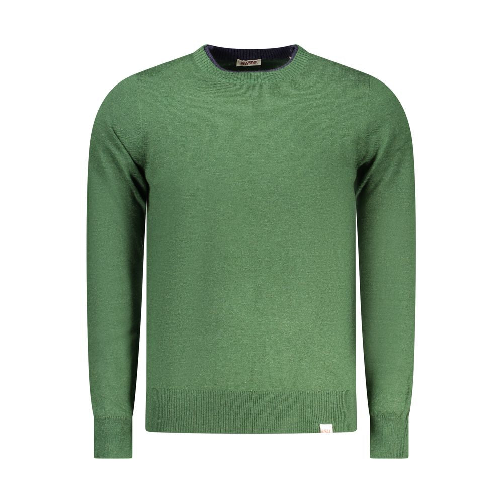 Rifle Verde men's polyester sweater in green, featuring a crew neck and ribbed cuffs, displayed on a hanger.
