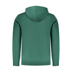Men's Rifle Verde Cotton Hoodie hanging on a hanger, showcasing a casual green hoodie with a front pocket and ribbed cuffs.