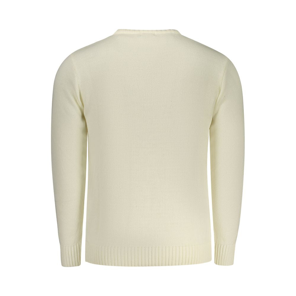 White acrylic men's sweater by Rifle featuring a classic crewneck design and ribbed cuffs, displayed on a hanger.