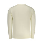 White acrylic men's sweater by Rifle featuring a classic crewneck design and ribbed cuffs, displayed on a hanger.