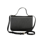 Mario Valentino black polyurethane women's bag with sleek design and silver hardware, featuring adjustable straps and spacious interior.