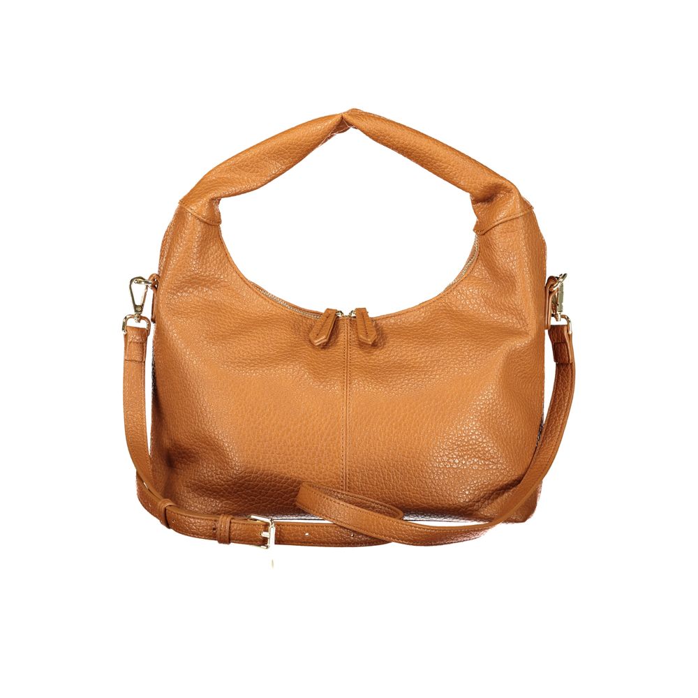 Brown Mario Valentino women's polyurethane bag with sleek design and gold-tone hardware, featuring top handles and spacious interior.