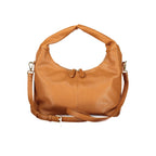 Brown Mario Valentino women's polyurethane bag with sleek design and gold-tone hardware, featuring top handles and spacious interior.