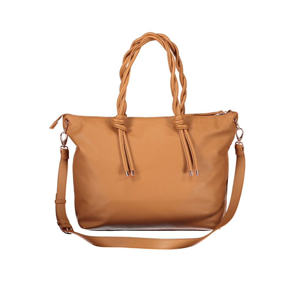 Mario Valentino brown polyurethane women's bag with sleek design and top handle, featuring silver hardware for stylish everyday use.