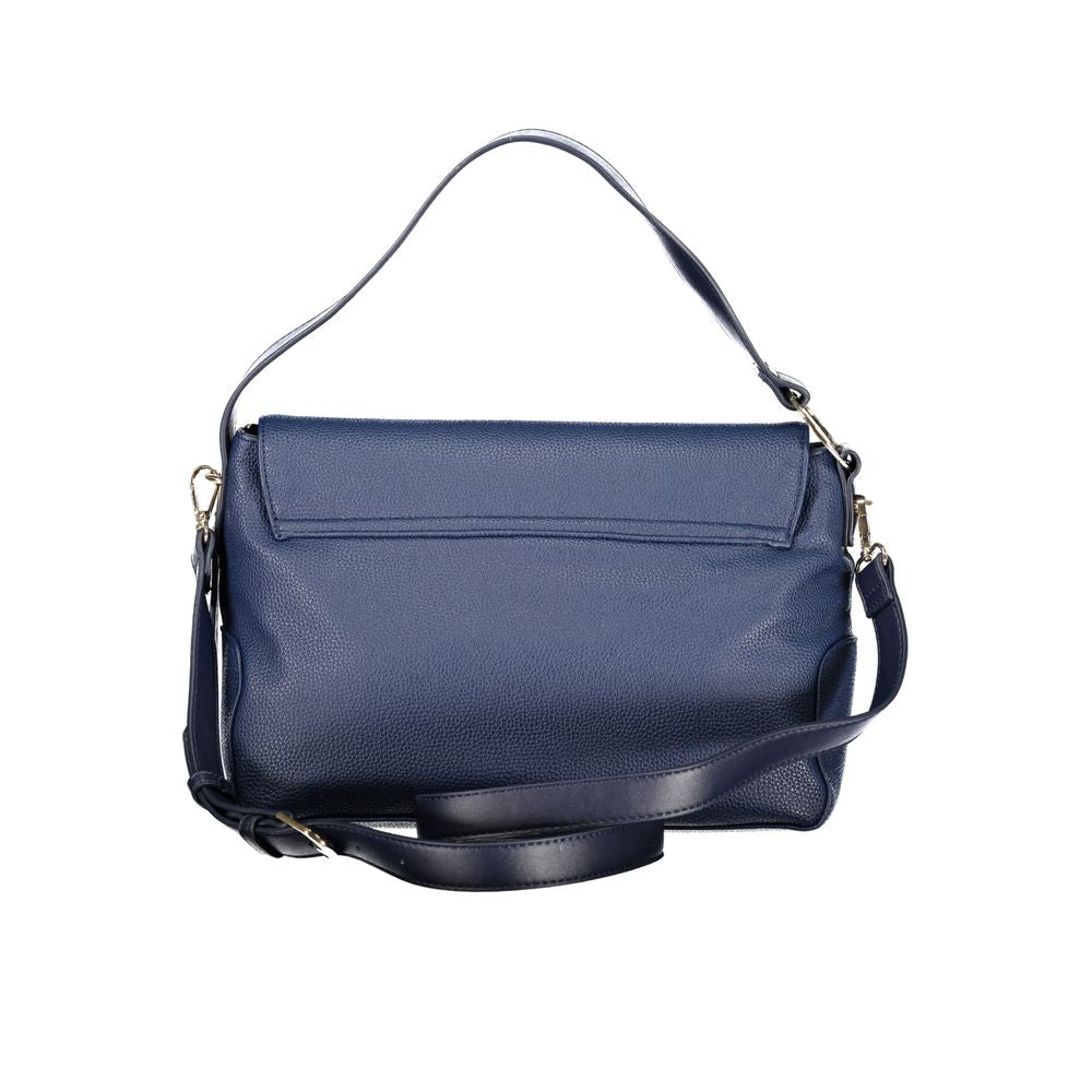 Blue Mario Valentino women's polyurethane bag with sleek design and silver hardware, featuring two top handles and a spacious interior.