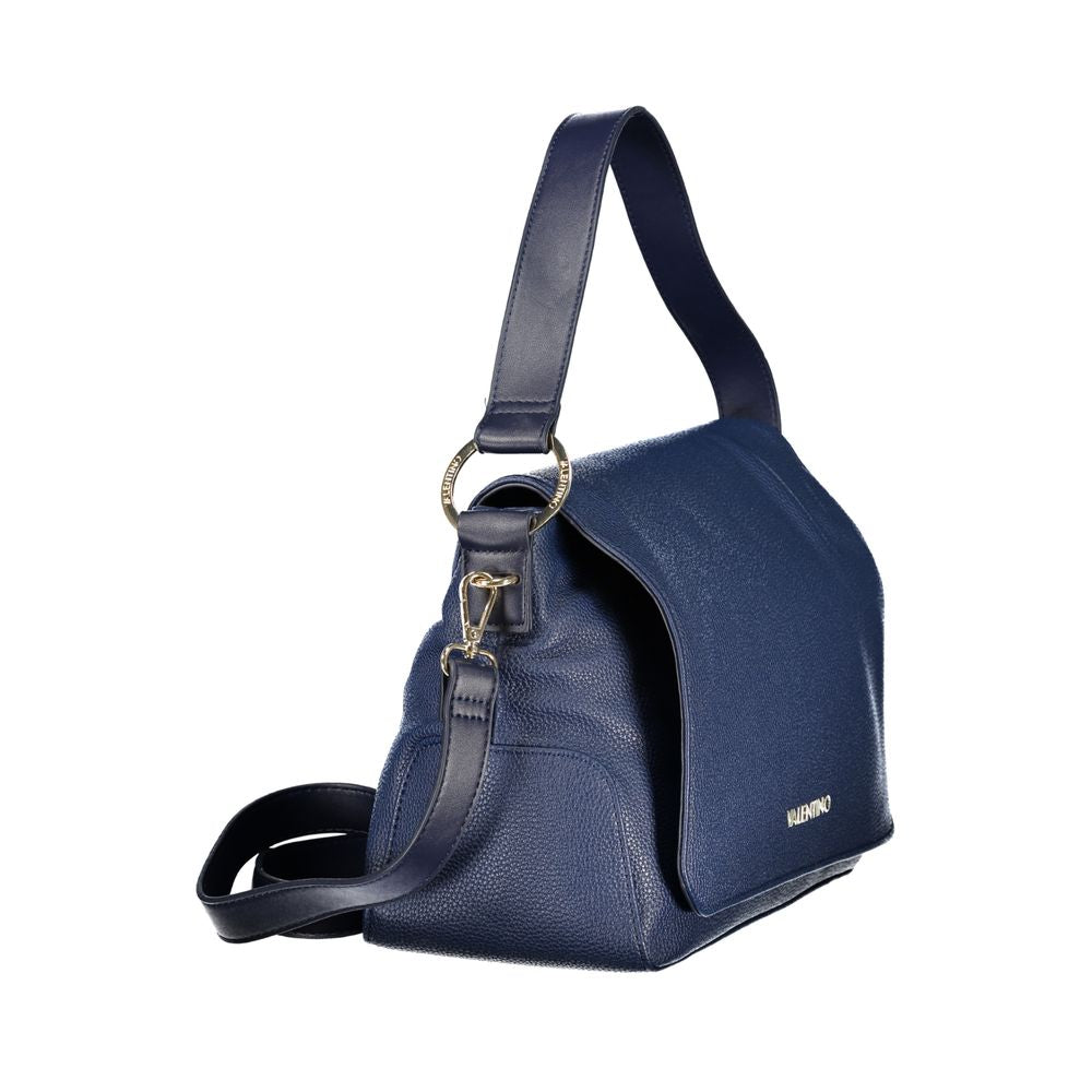 Blue Mario Valentino women's polyurethane bag with structured design and silver hardware, featuring top handles and a removable shoulder strap.