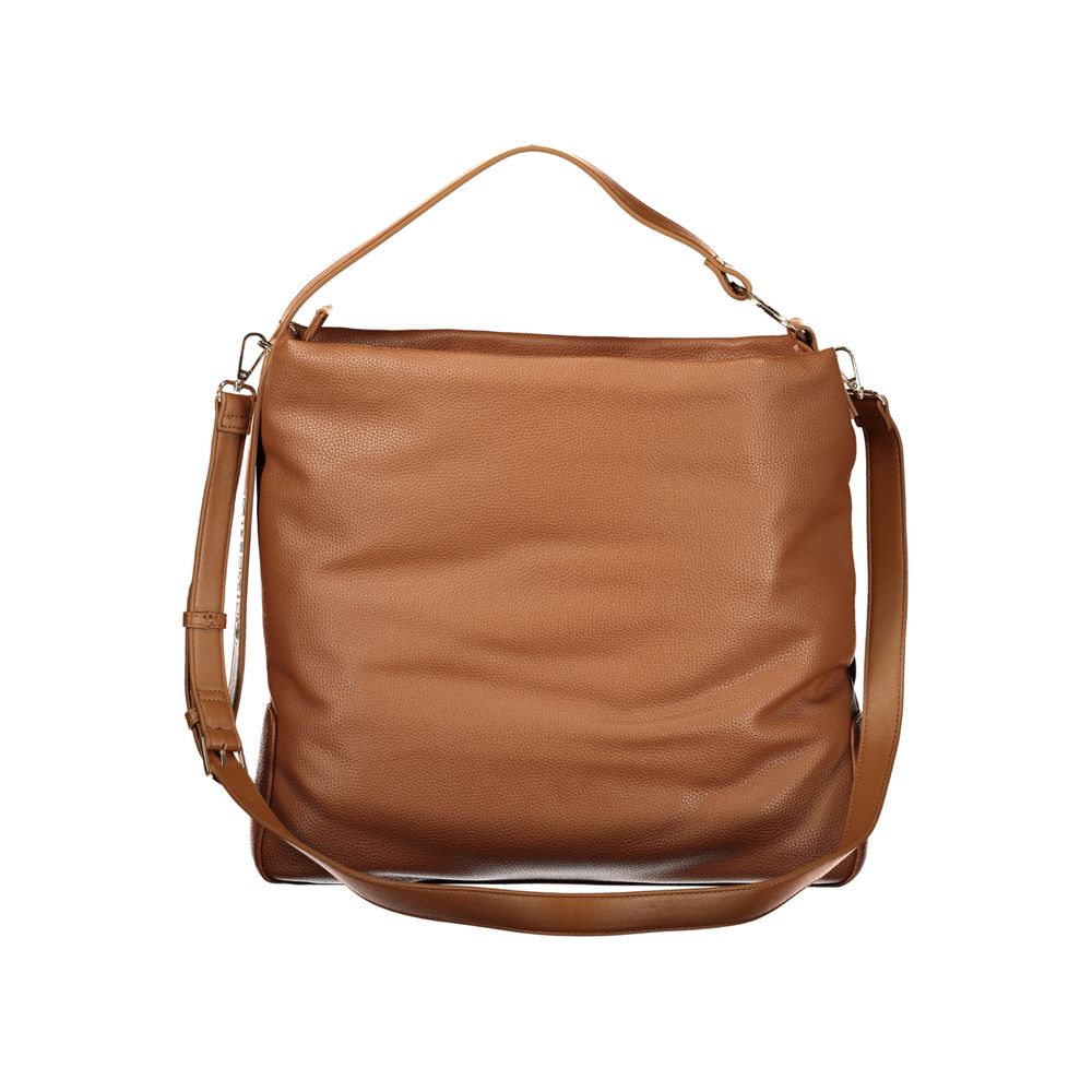 Brown Mario Valentino women's polyurethane bag with sleek design and structured shape, featuring top handles and subtle branding.