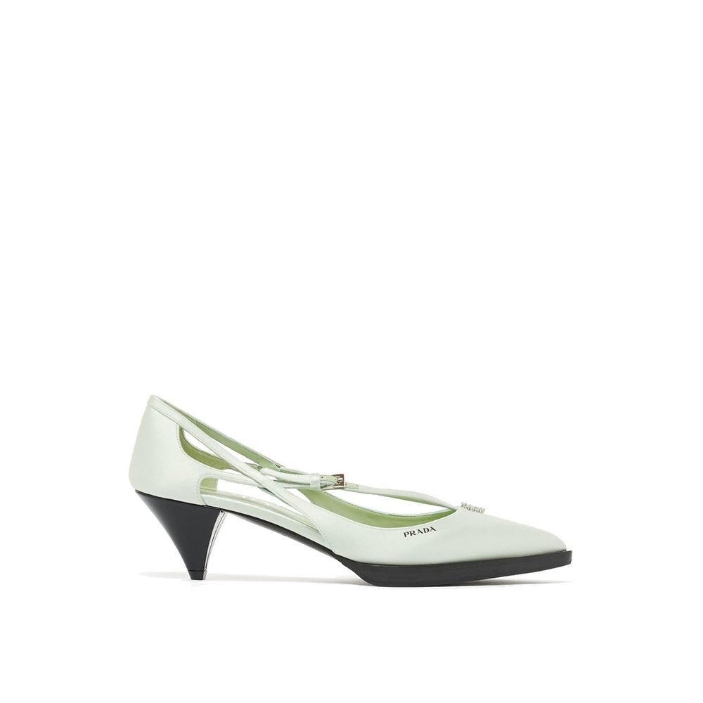 Prada bicolor silk mid-heel pumps with pointed toes and sleek design, perfect for elegant and stylish footwear.