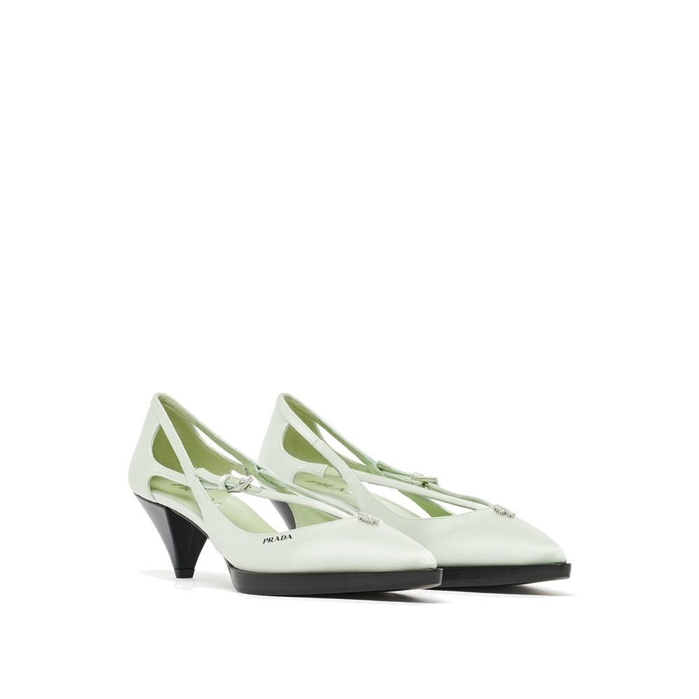 Prada Bicolor silk mid heel pumps featuring a sleek design with contrasting colors and elegant silhouette.