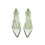 Prada bicolor silk mid heel pumps featuring a sleek design with contrasting colors and elegant detailing.