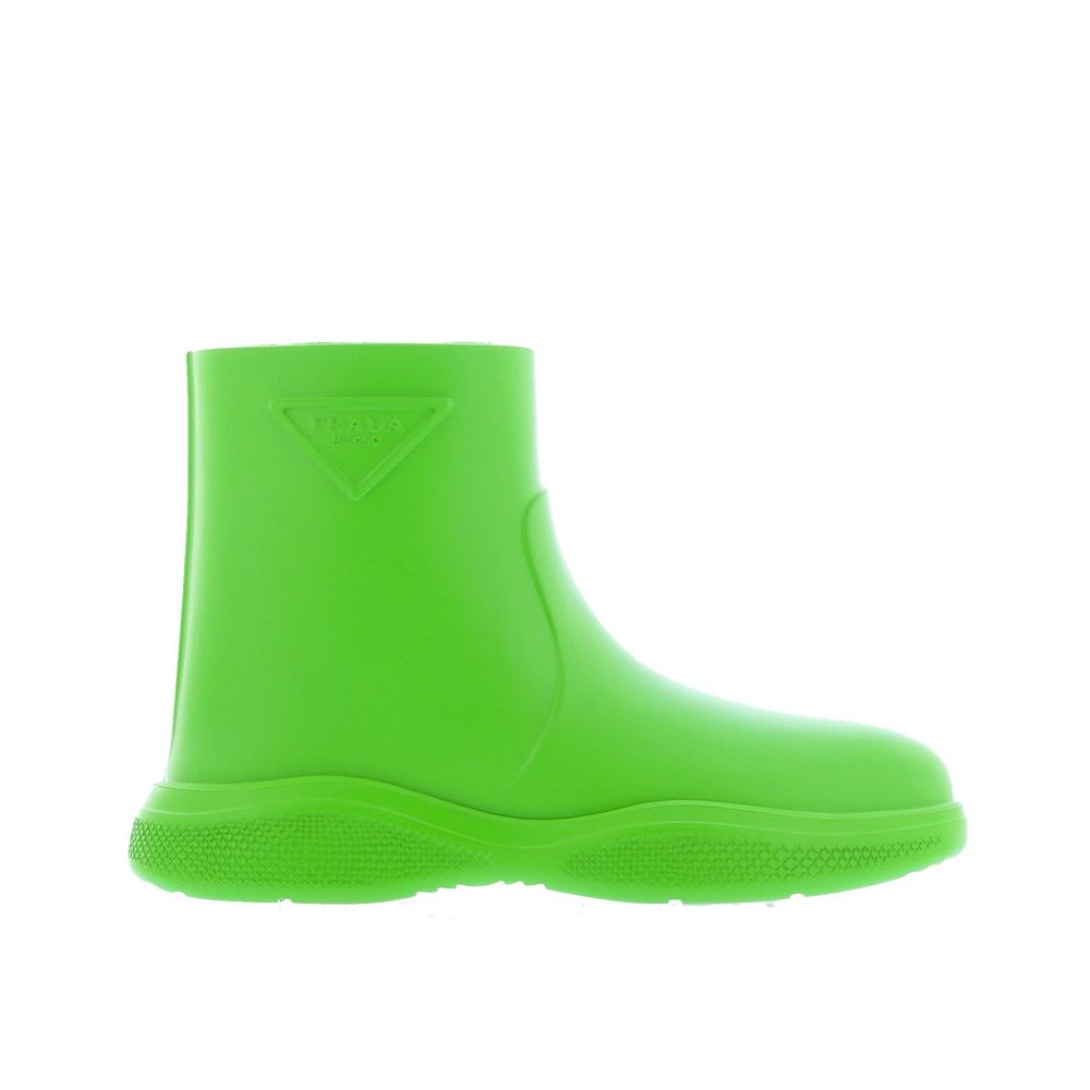 Prada bicolor rubber ankle boots with sleek design and sturdy soles, perfect for stylish weather-ready footwear.