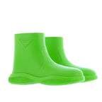 Prada Bicolor Rubber Ankle Boots with glossy finish and contrasting colors, stylish footwear for rainy weather.