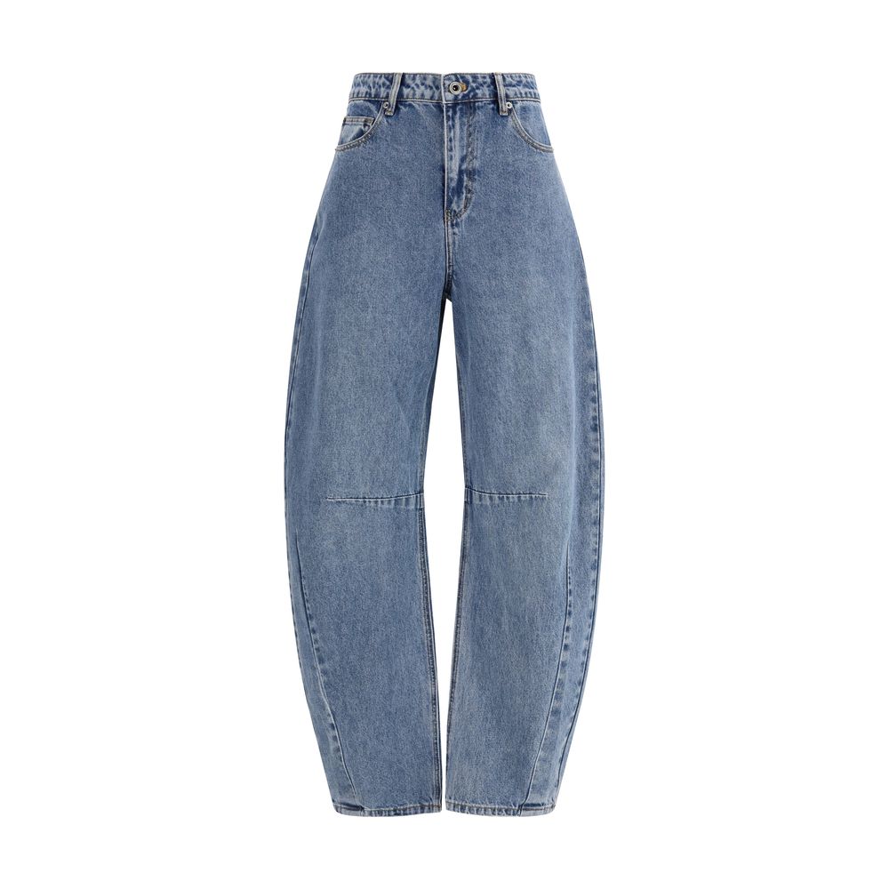 Self-Portrait blue cotton relaxed fit jeans, showcasing the casual waistband, front pockets, and straight-leg design.